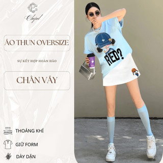 Bộ Áo Thun Nữ CHEPOL Cao Cấp, Form Rộng, Cổ Tròn, Chân Váy Ngắn, Chất Cotton (Áo Thun Xanh Biển+Chân Váy Trắng)-CP_x8598