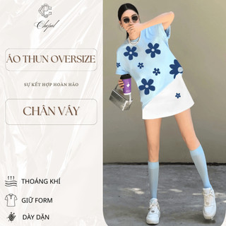 Set Bộ Áo Thun Nữ CHEPOL Form Rộng, Cổ Tròn, Phối Chân Váy Ngắn, In Hoa, Chất Cotton(Áo Phông Xanh Biển+Cv ngắn)CP_x8653