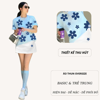 Set Bộ Áo Thun Nữ CHEPOL Form Rộng, Cổ Tròn, Phối Chân Váy Ngắn, In Hoa, Chất Cotton(Áo Phông Xanh Biển+Cv ngắn)CP_x8653