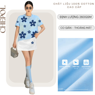 Set Bộ Áo Thun Nữ CHEPOL Form Rộng, Cổ Tròn, Phối Chân Váy Ngắn, In Hoa, Chất Cotton(Áo Phông Xanh Biển+Cv ngắn)CP_x8653