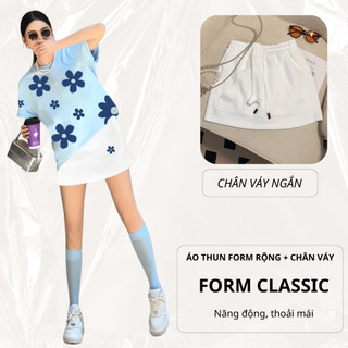 Set Bộ Áo Thun Nữ CHEPOL Form Rộng, Cổ Tròn, Phối Chân Váy Ngắn, In Hoa, Chất Cotton(Áo Phông Xanh Biển+Cv ngắn)CP_x8653