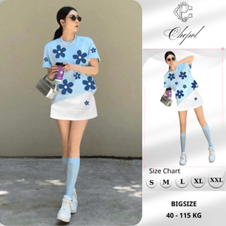 Set Bộ Áo Thun Nữ CHEPOL Form Rộng, Cổ Tròn, Phối Chân Váy Ngắn, In Hoa, Chất Cotton(Áo Phông Xanh Biển+Cv ngắn)CP_x8653