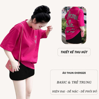 Set Bộ Áo Thun Nữ CHEPOL Form Rộng, Cổ Tròn, Phối Chân Váy, In Chữ, Chất Cotton (Áo Phông Hồng Sen+Chân Váy Đen)CP_x4596