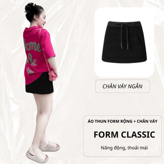 Set Bộ Áo Thun Nữ CHEPOL Form Rộng, Cổ Tròn, Phối Chân Váy, In Chữ, Chất Cotton (Áo Phông Hồng Sen+Chân Váy Đen)CP_x4596