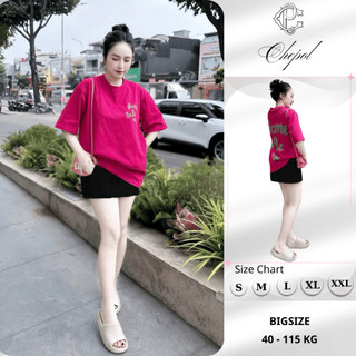 Set Bộ Áo Thun Nữ CHEPOL Form Rộng, Cổ Tròn, Phối Chân Váy, In Chữ, Chất Cotton (Áo Phông Hồng Sen+Chân Váy Đen)CP_x4596