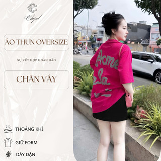 Set Bộ Áo Thun Nữ CHEPOL Form Rộng, Cổ Tròn, Phối Chân Váy, In Chữ, Chất Cotton (Áo Phông Hồng Sen+Chân Váy Đen)CP_x4596