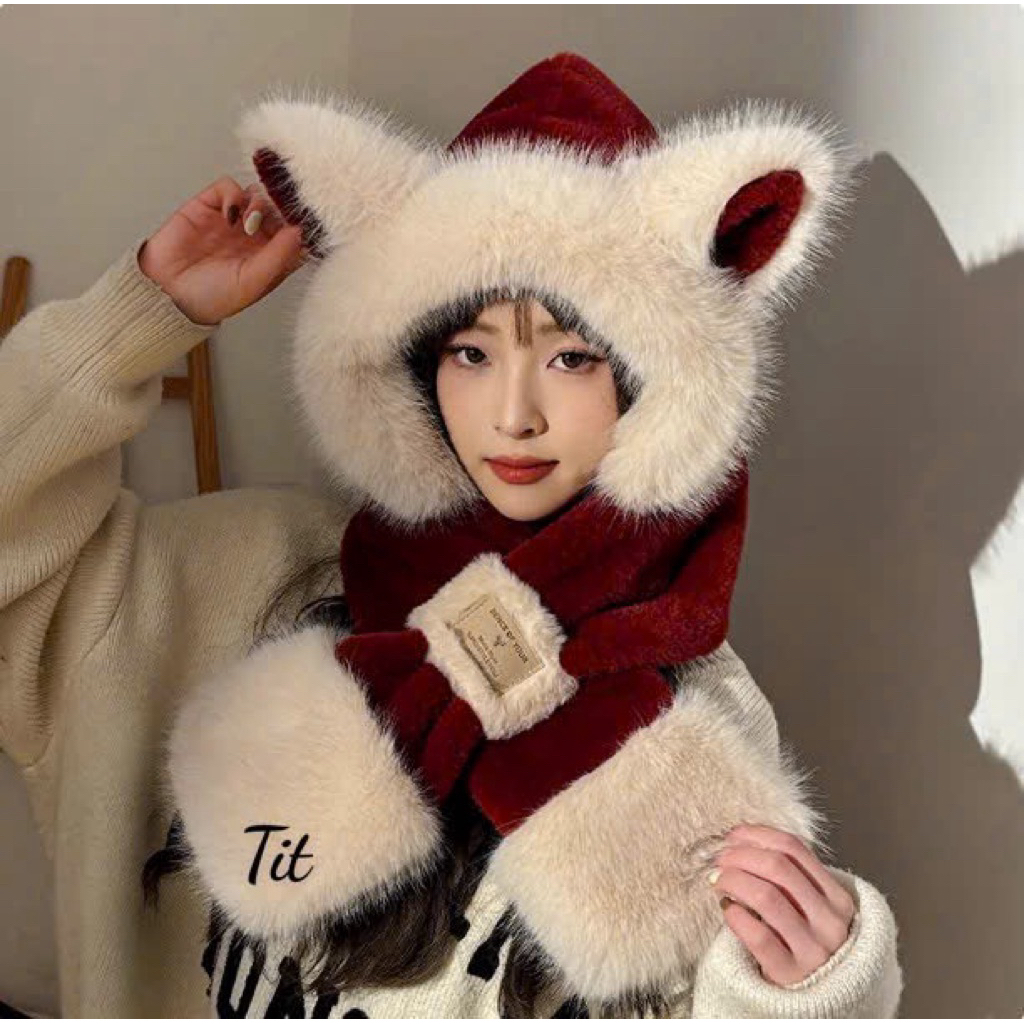 Mũ trùm tai mèo kèm khăn lông siêu ấm - Mũ nón 2in1