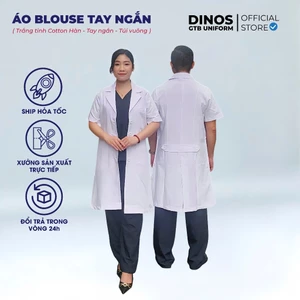 Áo Bác Sĩ Dinos Cổ Vest, Cổ Bể Tay Ngắn, Vải Cotton Lạnh, Màu Trắng