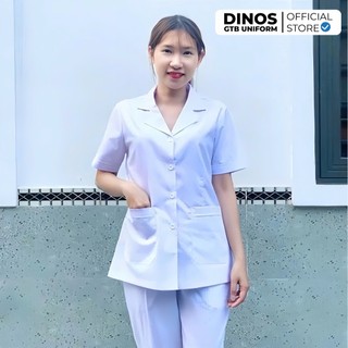 Áo Bác Sĩ Dinos Cổ Vest, Cổ Bể Tay Ngắn, Vải Cotton Lạnh, Màu Trắng