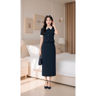 VT250819 - SET XANH THAN CỔ TRẮNG CHÂN VÁY DÀI
