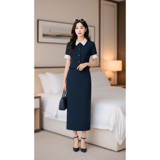 VT250819 - SET XANH THAN CỔ TRẮNG CHÂN VÁY DÀI
