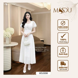 Váy Thiết Kế MDU5098 Tơ Vân Hàn Thêu Họa Tiết Dáng Dài Cổ Vuông Tay Bồng Tinh Tế Thanh Lịch Từ MDU