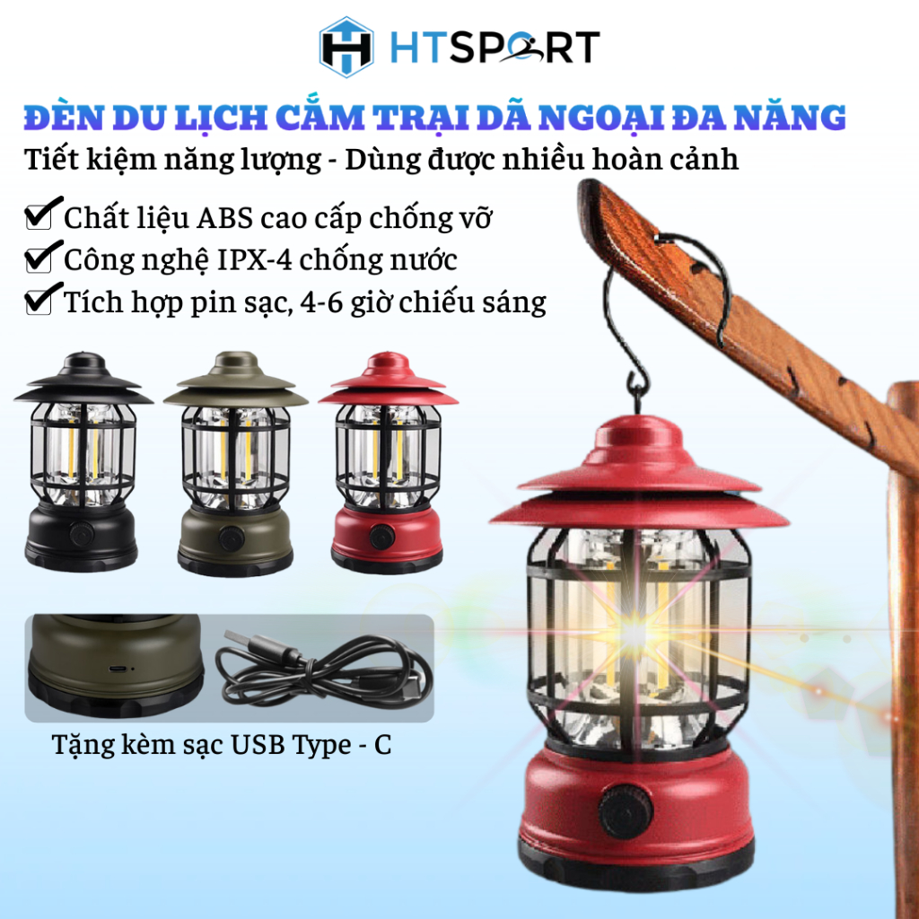Đèn Cắm Trại Dã Ngoại Đa Năng Siêu Sáng Chống Nước Kèm Sạc Type-C – Đèn Led Du Lịch Ngoài Trời