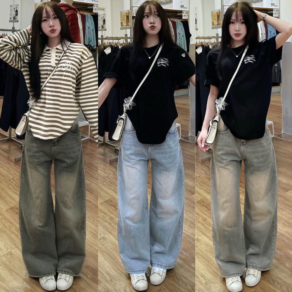 Quần Jeans Ống Suông Rộng Đứng  MIAA Cạp Cao Màu RETRO , Quần Bò Ống Rộng Chất Jean Mềm Form Unisex_VER1