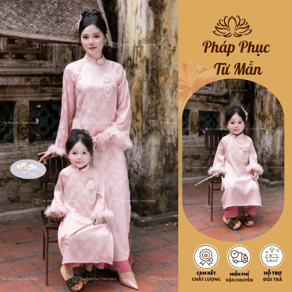 Set áo dài mẹ và bé mặc tết 2026 phối lông vũ Áo dài tết mẹ bé gái kèm nơ cài lụa gấm chụp ảnh, đi chùa dễ thương