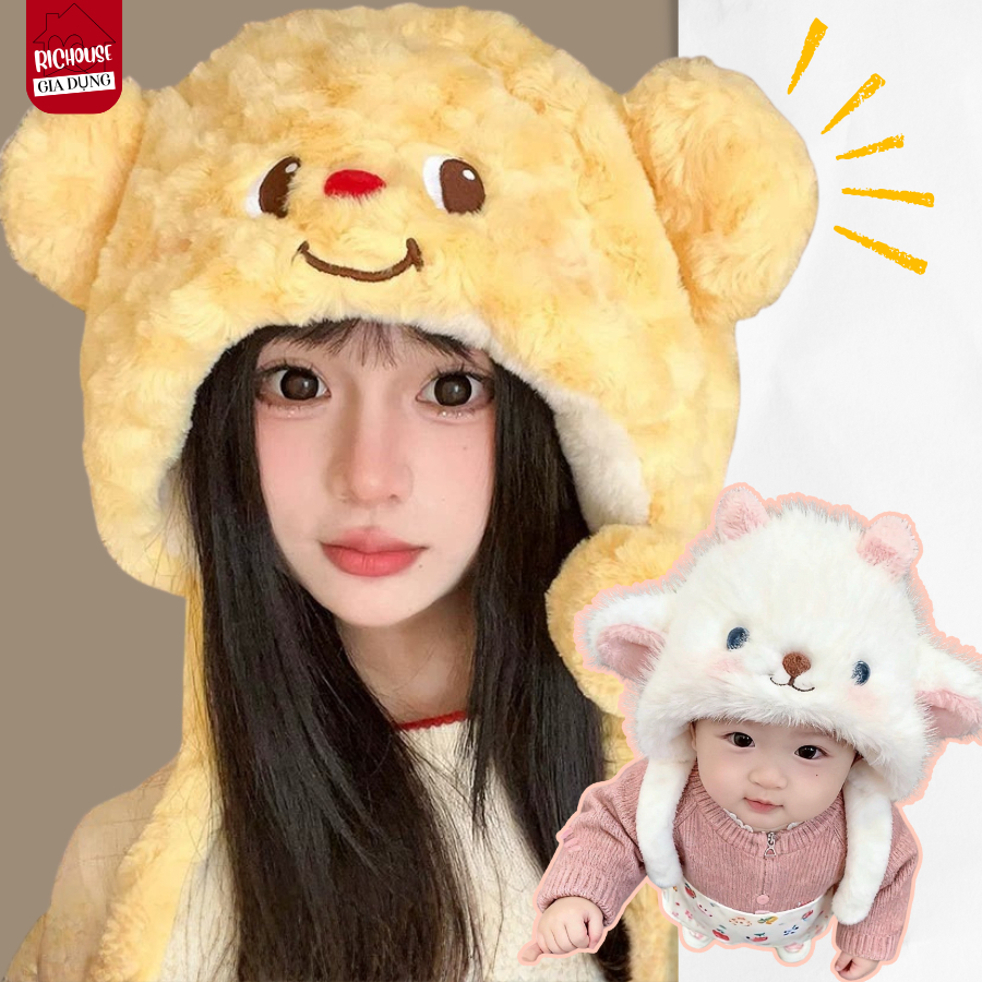 Mũ Lông Tai Gấu Cử Động Dễ Thương, Mũ Kèm Khăn Siêu Ấm Chất Lông Mịn Cao Cấp