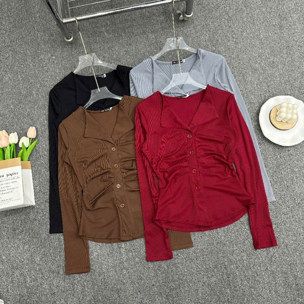 Áo Thun Nữ Tay Dài Cổ Bẻ Bigsize ESHOP Áo Thun Thiết Kế Cài Nút Thun Gân Tăm Co Giãn Thoải Mái MS535