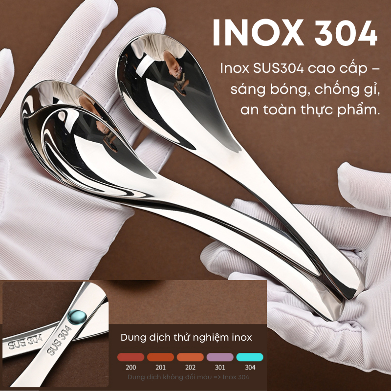 Muỗng Thìa Inox 304 Bầu Tròn Cán Cong Cao Cấp – Dùng Ăn Phở, Cháo, Súp Dày Dặn Sáng Bóng Không Gỉ An Toàn (BA40)