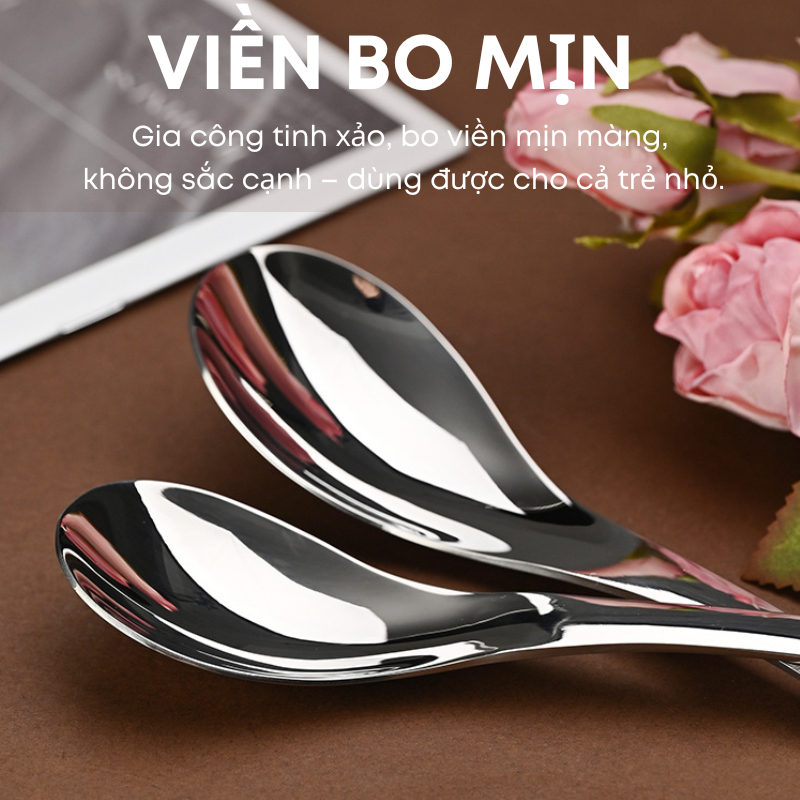 Muỗng Thìa Inox 304 Bầu Tròn Cán Cong Cao Cấp – Dùng Ăn Phở, Cháo, Súp Dày Dặn Sáng Bóng Không Gỉ An Toàn (BA40)