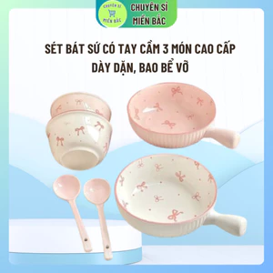 Sét Bát Sứ Có Tay Cầm 3 Món Cao Cấp ĐÓNG HỘP XỐP GỒM ( TÔ TAY CẦM , THÌA , BÁT CƠM )