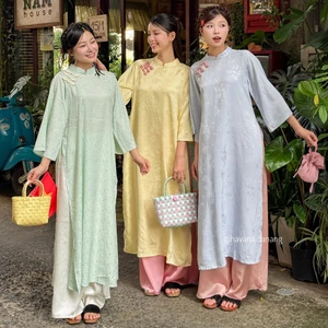 CÓ BIGSIZE - Áo dài lụa CƠ UYỂN phối hoạ tiết chìm đính cúc sò kèm quần Satin AD182