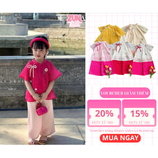 Set Pháp Phục Bé Gái A381 – Áo Đính Nơ Thêu Hoa Tay Xòe + Quần Lụa Mềm