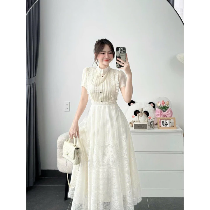 Váy Maxi Ren Màu Kem Xukadress – Đi Tiệc/Chụp Ảnh – Form xoè Đẹp – Sang Trọng, Váy Dự Tiệc, Váy du lịch Dài Thướt Tha