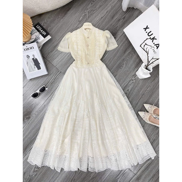 Váy Maxi Ren Màu Kem Xukadress – Đi Tiệc/Chụp Ảnh – Form xoè Đẹp – Sang Trọng, Váy Dự Tiệc, Váy du lịch Dài Thướt Tha