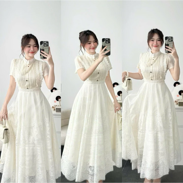 Váy Maxi Ren Màu Kem Xukadress – Đi Tiệc/Chụp Ảnh – Form xoè Đẹp – Sang Trọng, Váy Dự Tiệc, Váy du lịch Dài Thướt Tha