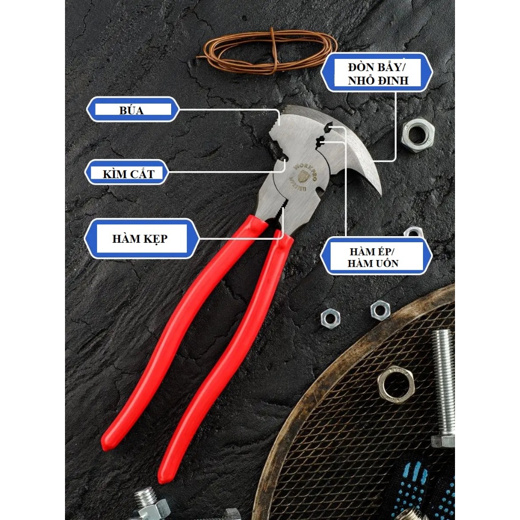 Kìm cắt kết hợp mũi nhọn và đầu búa/ kìm bấm hàng rào kích thước 250mm (10 inch) WORKPRO WP231011 - Hàng chính hãng