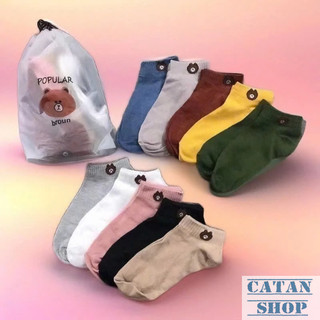 Set 10 Đôi Tất Gấu Cổ Ngắn Cute Tặng Kèm Túi Rút, Túi 10 Đôi Vớ Đủ Màu Phong Cách Hàn Quốc Xinh Xắn