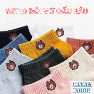 Set 10 Đôi Tất Gấu Cổ Ngắn Cute Tặng Kèm Túi Rút, Túi 10 Đôi Vớ Đủ Màu Phong Cách Hàn Quốc Xinh Xắn