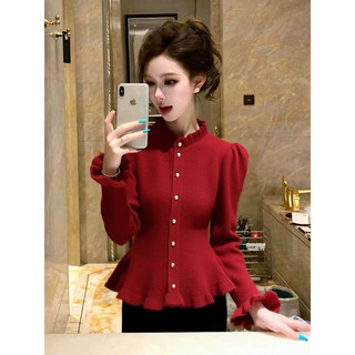 LOU BAE| (HÀNG QCCC SẴN ĐỎ) Áo Len Nữ Tay Dài Chất Len Gạo Viền Bèo Cúc Ngọc