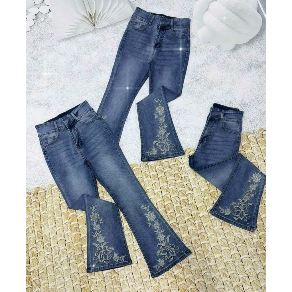 [93-95cm] Quần Jeans Nữ, Quần Bò Nữ 9 tấc Lưng Cao Thêu Hoa Đính đá thời trang