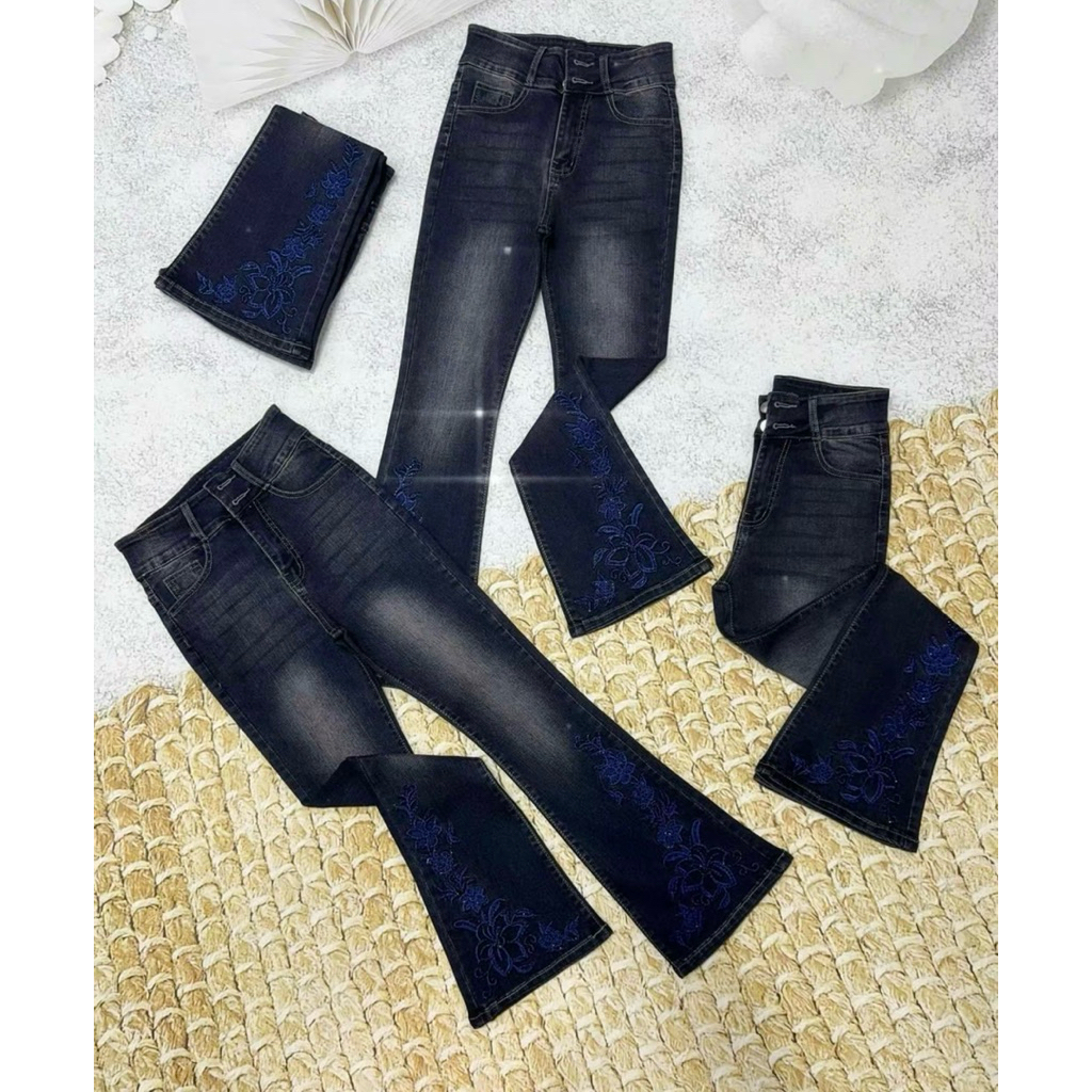 [93-95cm] Quần Jeans Nữ, Quần Bò Nữ 9 tấc Lưng Cao Thêu Hoa Đính đá thời trang