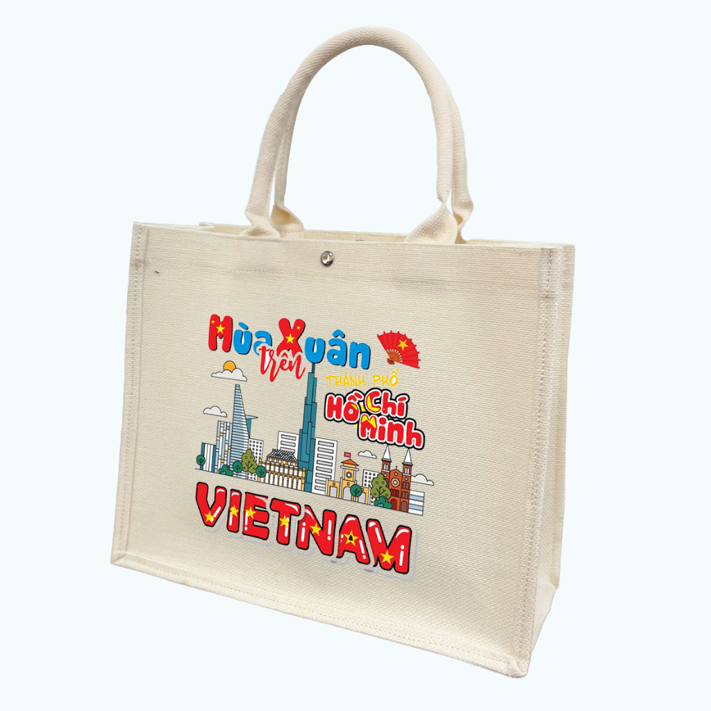 Túi cói du lịch,đi biển,đi chơi in hình Hồ Chí Minh City - Sài Gòn độc lập túi tote vải đay nút bấm form cứng tdaya93