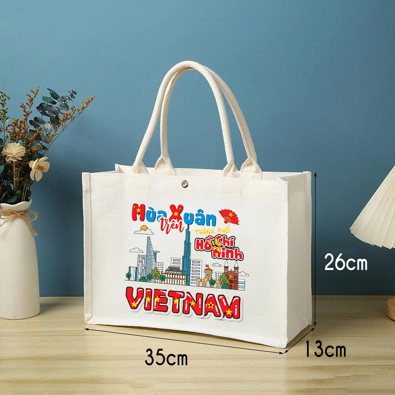 Túi cói du lịch,đi biển,đi chơi in hình Hồ Chí Minh City - Sài Gòn độc lập túi tote vải đay nút bấm form cứng tdaya93