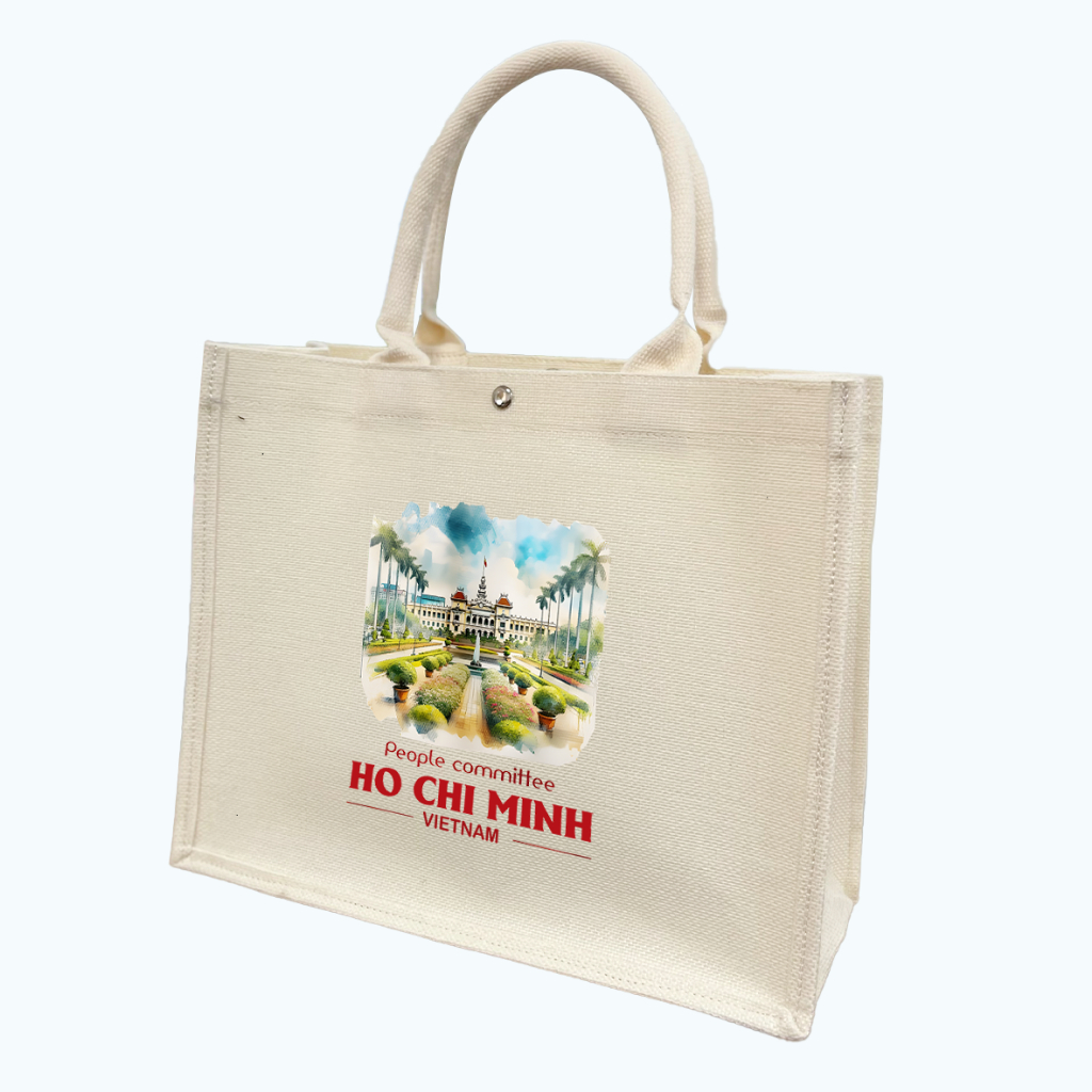Túi cói du lịch,đi biển,đi chơi in hình Hồ Chí Minh City - Sài Gòn độc lập túi tote vải đay nút bấm form cứng tdaya93