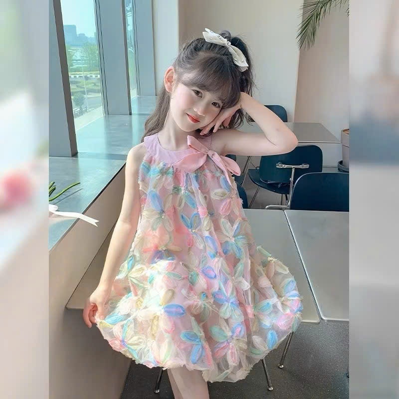 Váy Công Chúa Bé Gái ,thiết kế cổ yếm đính hoa 3D Dễ Thương ,Đầm Xòe Bé Gái Dự Tiệc, Đi Chơi du lịch cùng mẹ bé 12-55kg