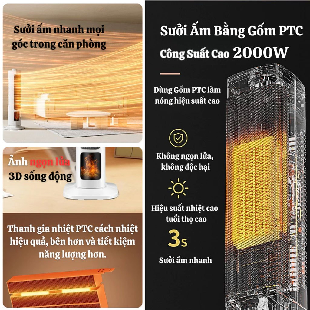 Quạt Sưởi Gốm Yangzi 2000W – Sưởi Ấm Nhanh, Tiết Kiệm Điện, Bảo Vệ Da (Bảo Hành 3 Năm)