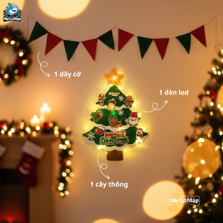 [QUÀ TẶNG] Cây Thông Noel Vải Dạ Dán Tường Decor, Trang Trí Giáng Sinh Cho Bé Kèm Dây Cờ + Đèn Led + Hộp Đựng Xinh Xắn
