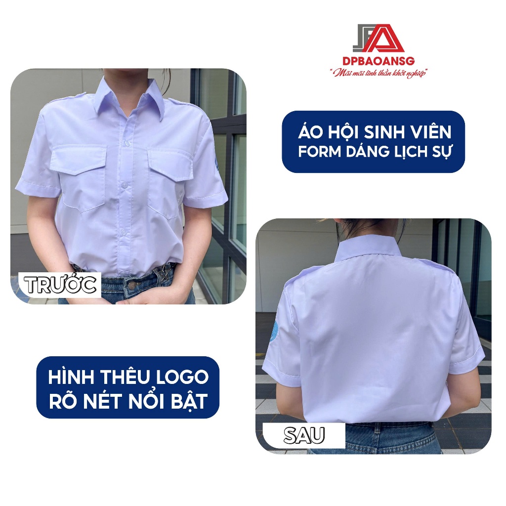 Áo Sơ Mi Hội Sinh Viên Ngắn Tay Vải Kate Silk Thêu Logo Cho Nam Nữ Sinh Viên
