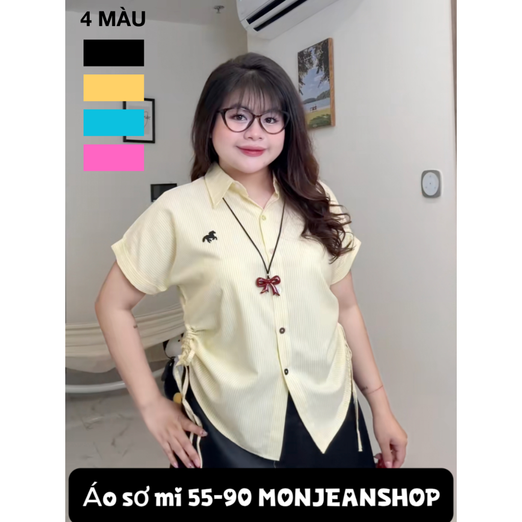 Áo sơ mi nữ Bigsize tay ngắn phối sọc thêu ngựa sang chảnh có dây rút ...