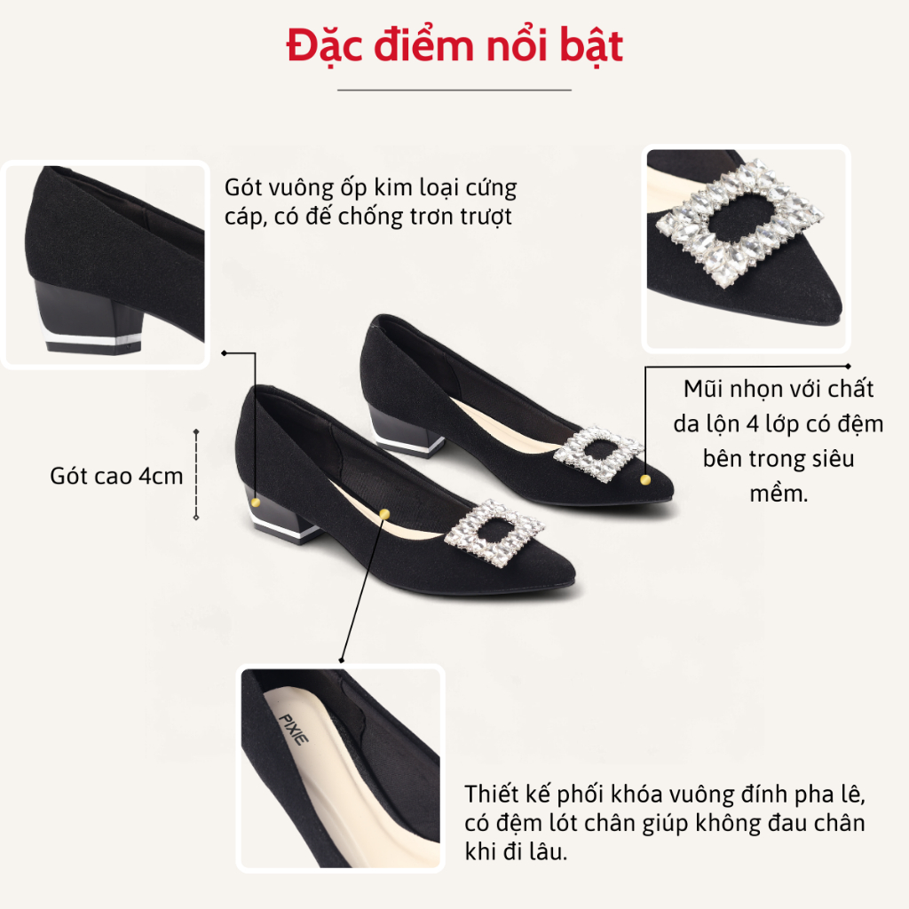 Giày Cao Gót Đế Vuông 4cm Gót Ốp Kim Loại Mũi Nhọn Phối Khóa Đính Đá Pha Lê Pixie H418
