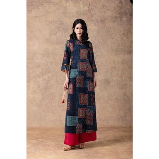 SWANLAKE | Áo Dài Nữ Cách Tân Cổ Trụ Suông Tay Lỡ Vải Linen In Họa Tiết Thổ Cẩm Độc Đáo L13197