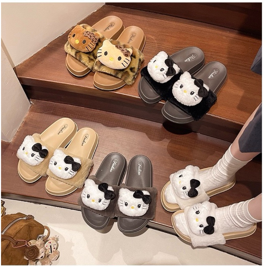 Dép Lông Quai Ngang ,Đế Cao Su Gắn Mèo kitty (3 Màu)