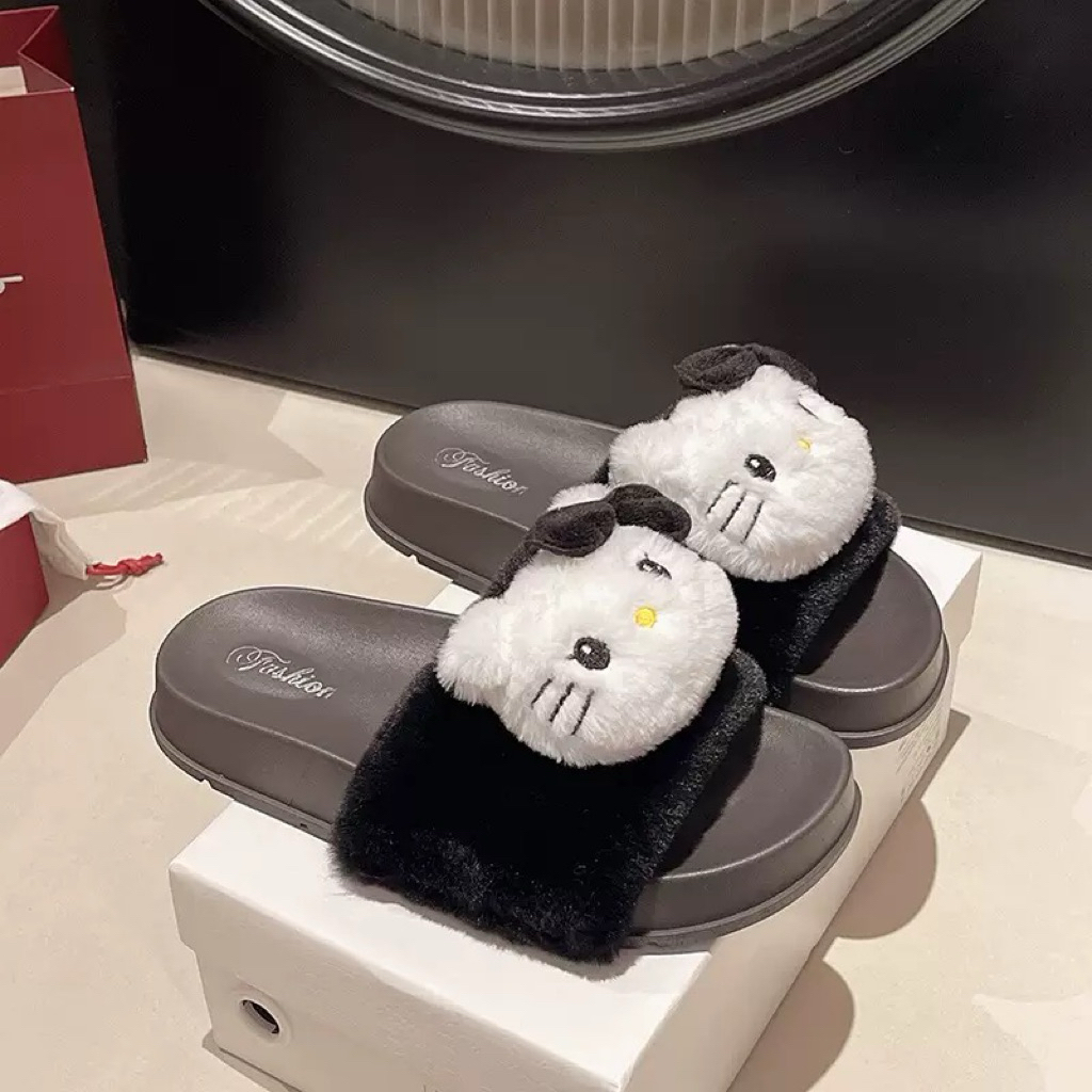 Dép Lông Quai Ngang ,Đế Cao Su Gắn Mèo kitty (3 Màu)
