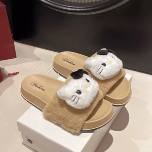 Dép Lông Quai Ngang ,Đế Cao Su Gắn Mèo kitty (3 Màu)