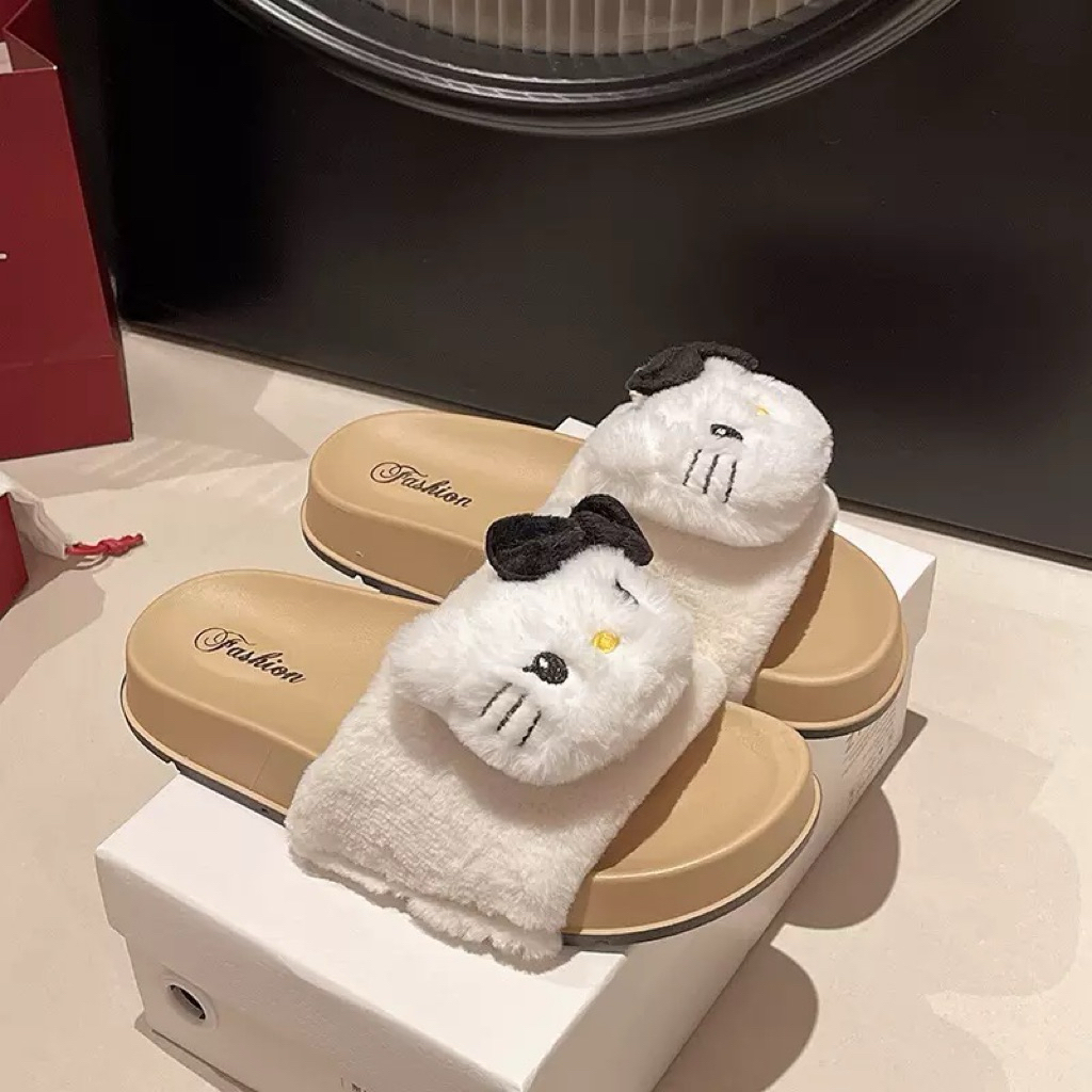 Dép Lông Quai Ngang ,Đế Cao Su Gắn Mèo kitty (3 Màu)