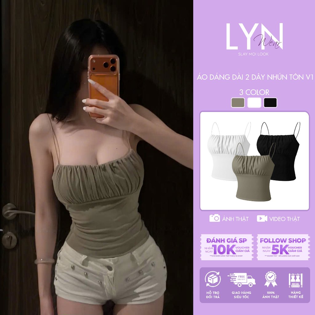 | LYN WEAR | Áo 2 dây sợi bún nhún tôn V1 dáng dài ngang rốn, thun rip trung mềm mịn mát – giữ form